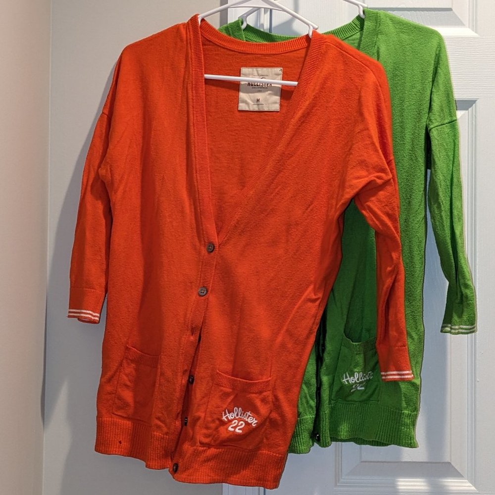 Lot of 2 Hollister 3/4 Sleeve V-Neck Cardigan Orange & Lime Green Size M
